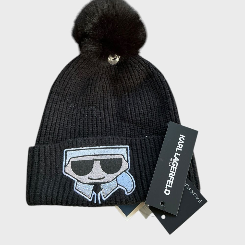Karl Lagerfeld Paris Icon Knit Beanie Hat Pom Black NWT
